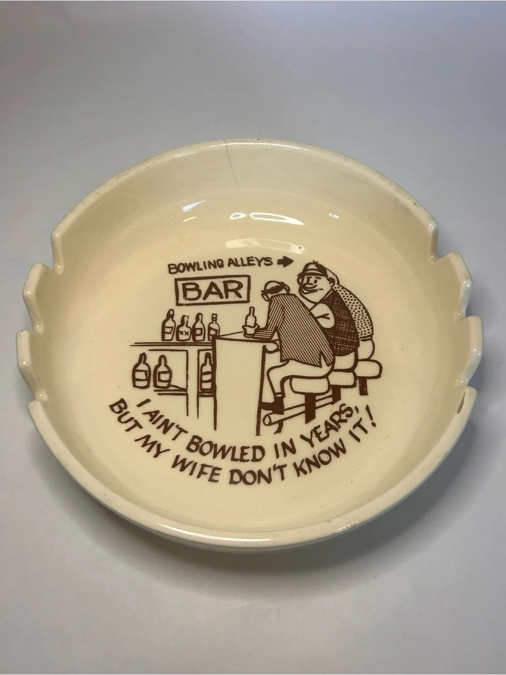 Mccoy Pottery 8” Large Size Ashtray Bowling Alleys Bar Humor Vintage USA Dish